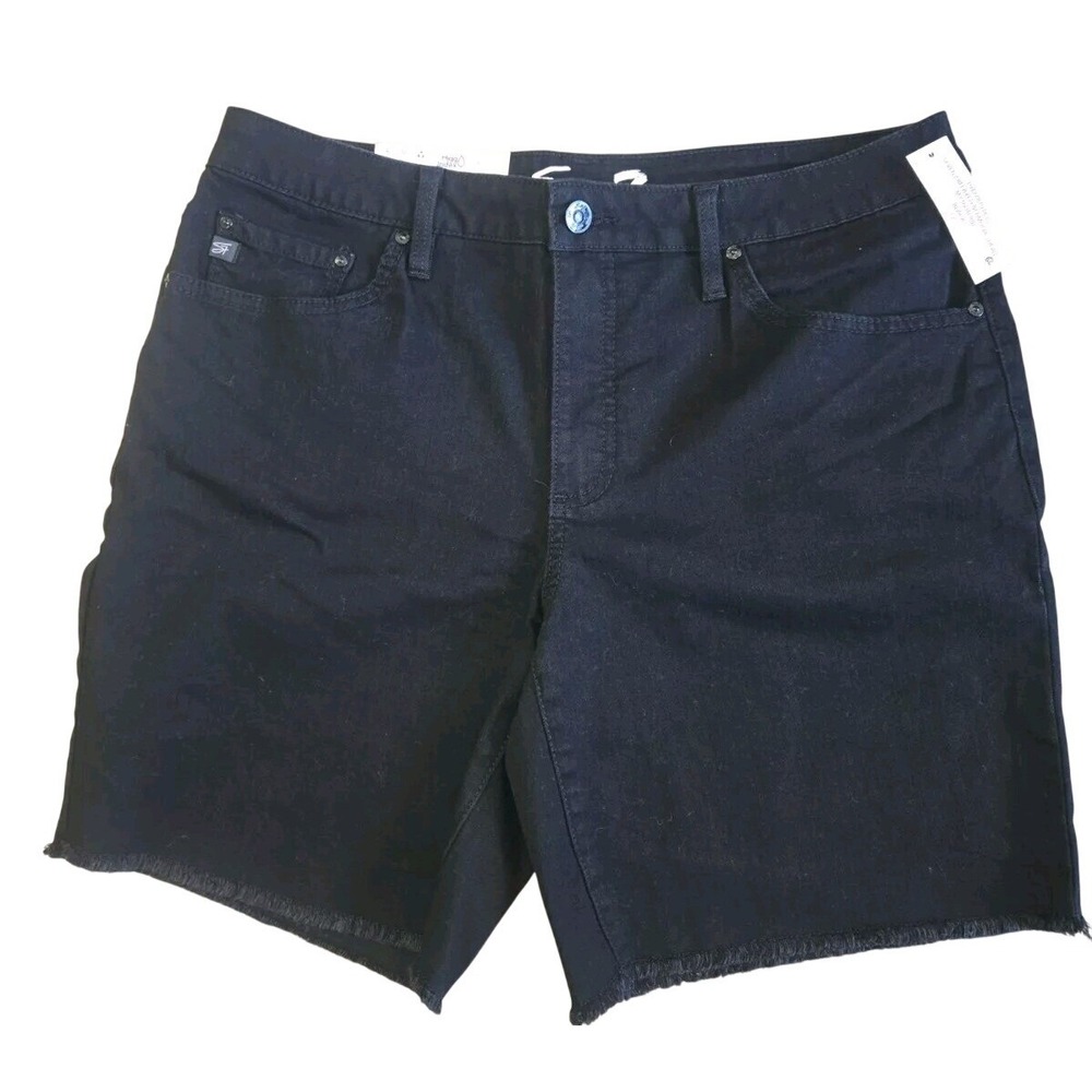 Seven7 Relaxed Bermuda Shorts Black Denim Mid Rise Fray Hem MY3604FRBL Womens 12